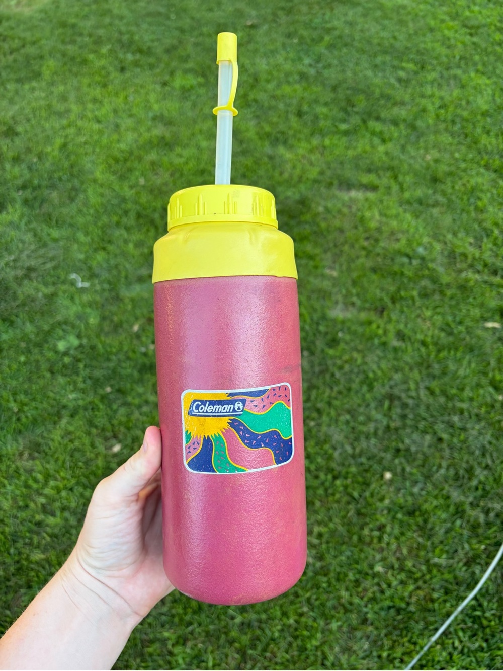 Coleman Red Plastic Water Bottle with Yellow Straw Lid vintage Retro